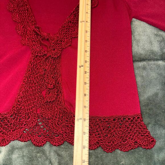 VTG Joseph A Cardigan Sweater Womens S Red Crochet Lace Trim Open Front Coquette - Picture 5 of 9